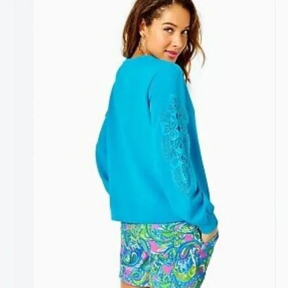 Lilly Pulitzer Women's XS Blue Pullover Sweatshirt Lace Crochet Sleeve Casual - Picture 11 of 12